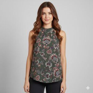 AB Studio Women's XL Floral Sleeveless Top Olive Green Chiffon Halter Blouse Lin